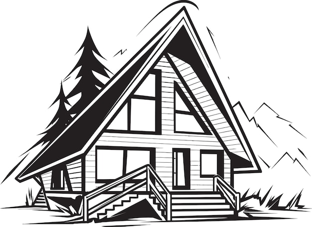 Vector a black and white drawing of a house with a tree on the top