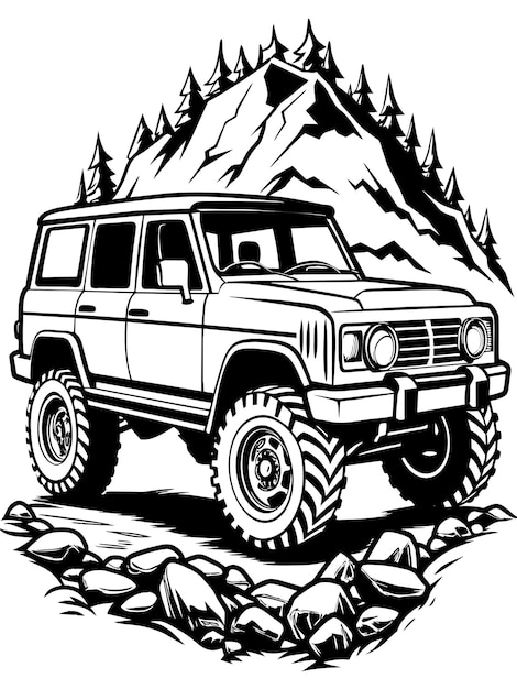 a black and white drawing of a jeep with mountains in the background