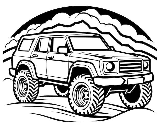 a black and white drawing of a jeep with the sun on it