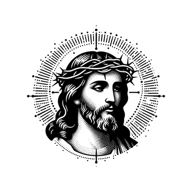 a black and white drawing of a jesus head