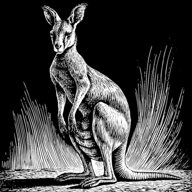 Vector a black and white drawing of a kangaroo standing in the grass