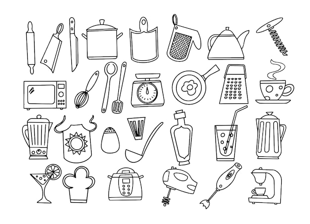 a black and white drawing of a kitchen utensil and kitchen utensils