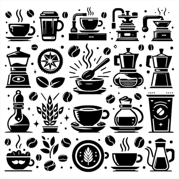 Vector a black and white drawing of a kitchen with a variety of kitchen products