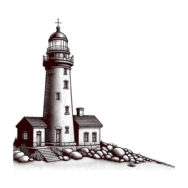 a black and white drawing of a lighthouse with a cross on the top