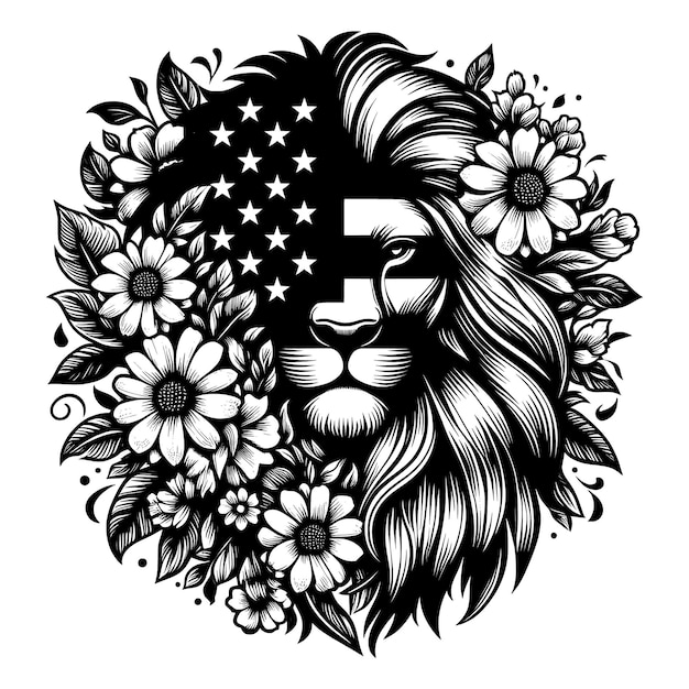 a black and white drawing of a lion with stars and flowers