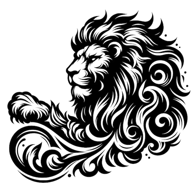 a black and white drawing of a lion with the word lion on it