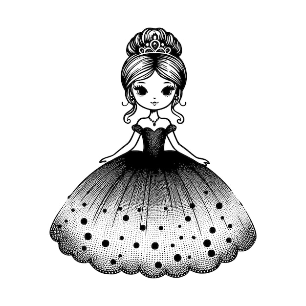 a black and white drawing of a little girl in a dress with a crown on it