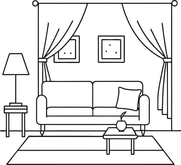 a black and white drawing of a living room with a couch and a lamp