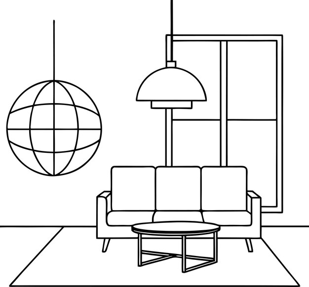 Vector a black and white drawing of a living room with a couch and a lamp