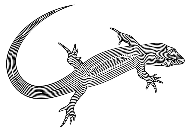 A black and white drawing of a lizard with a pattern of lines and dots.