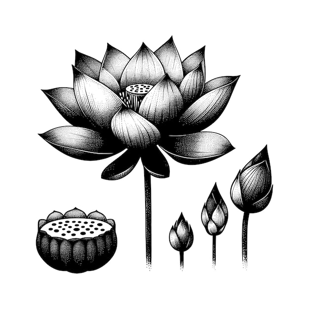 Vector a black and white drawing of a lotus flower with the words lotus on it