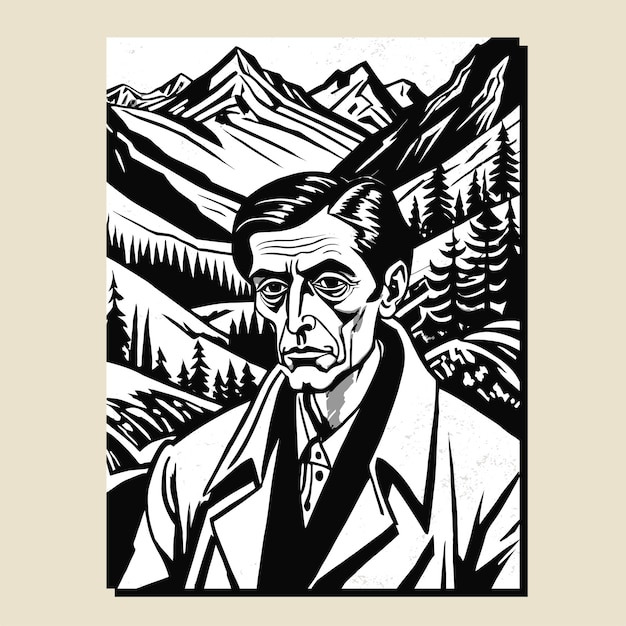 a black and white drawing of a man in a mountain landscape