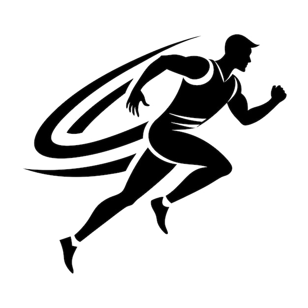 a black and white drawing of a man running with a ribbon around his neck