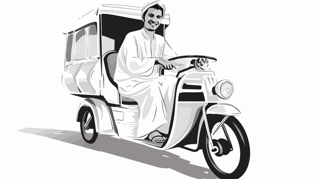 a black and white drawing of a man on a scooter with a cat on the front