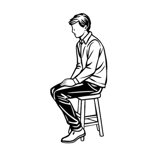 a black and white drawing of a man sitting on a chair