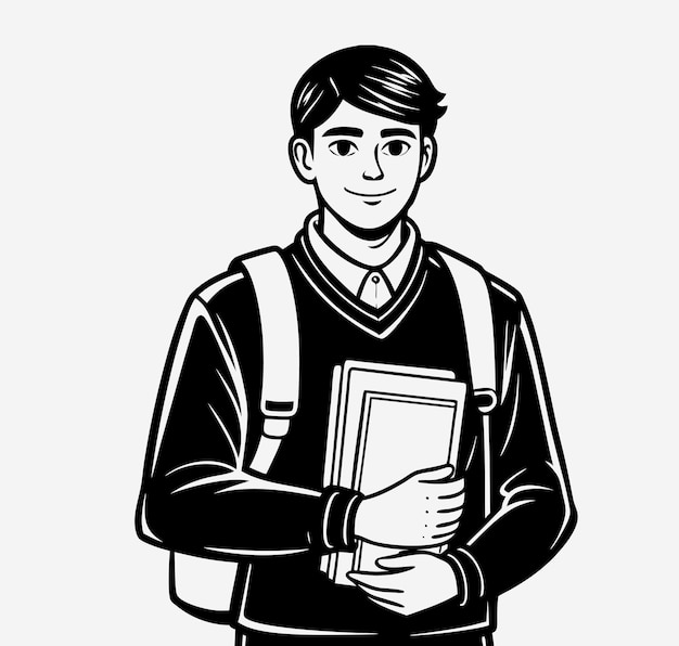 A black and white drawing of a man with a backpack and a backpack