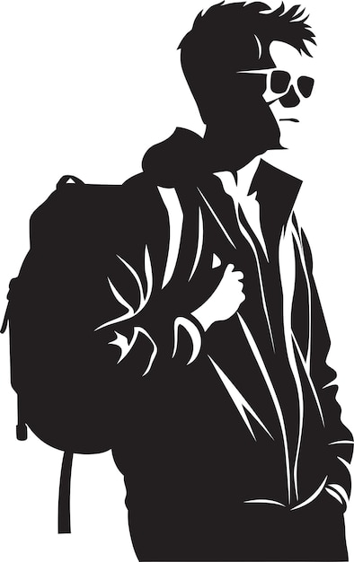 a black and white drawing of a man with a backpack