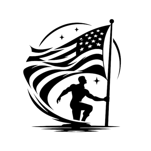 a black and white drawing of a man with a flag and the moon behind it