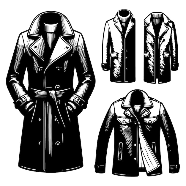 a black and white drawing of a mans coat with a shirt on it