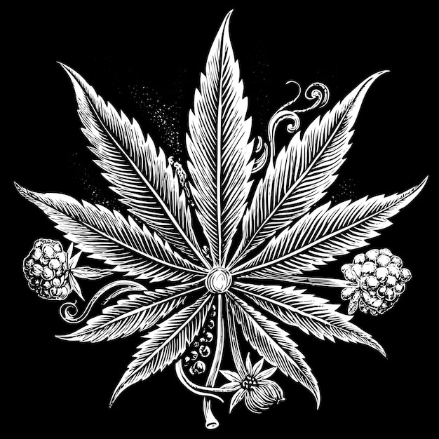 Vector a black and white drawing of a marijuana leaf with berries and flowers