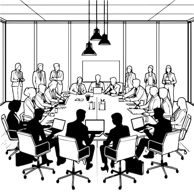 a black and white drawing of a meeting with people sitting around a table