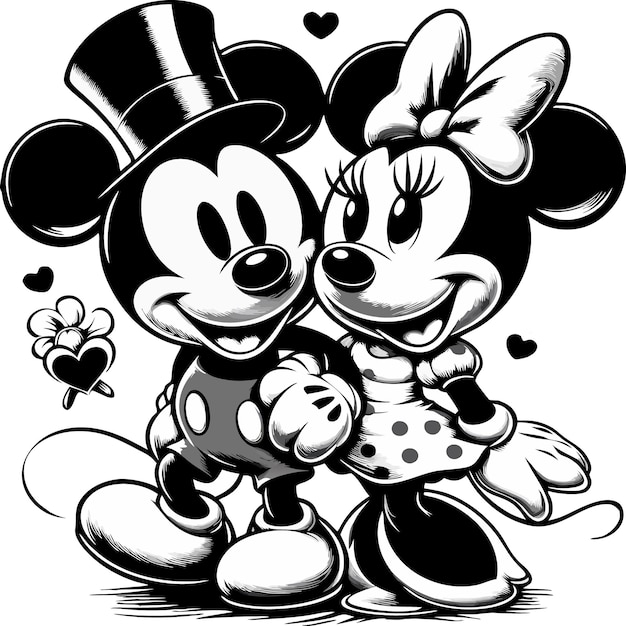 Vector a black and white drawing of a mickey mouse and a black and white background