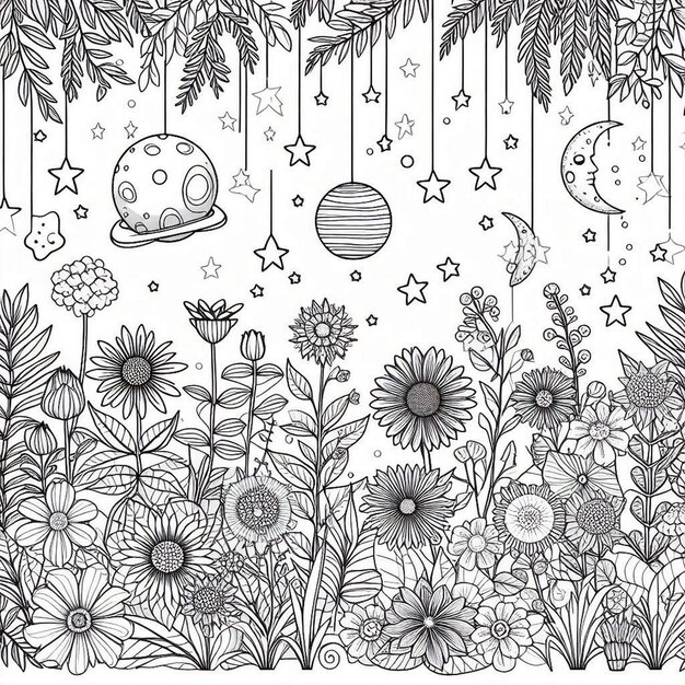 Vector a black and white drawing of a moon and stars