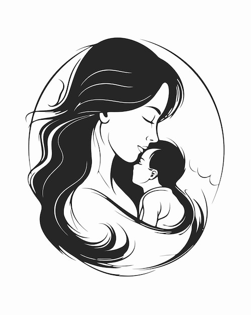 Black and white drawing of a mother and baby.