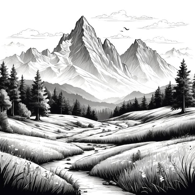 Vector a black and white drawing of a mountain landscape with a plane flying over it