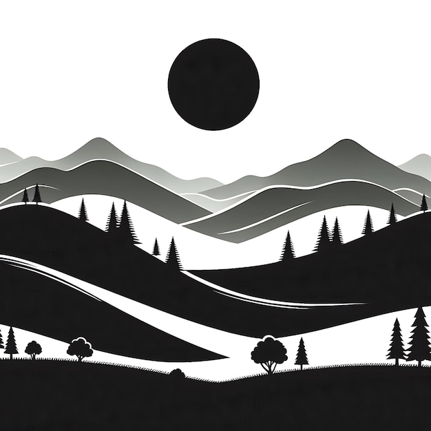 a black and white drawing of a mountain landscape with a sun in the sky