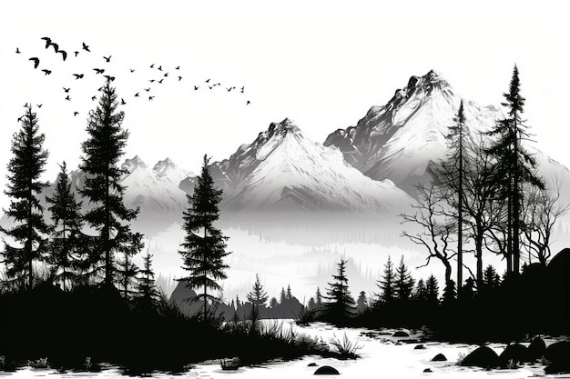 Vector a black and white drawing of a mountain with birds flying in the sky