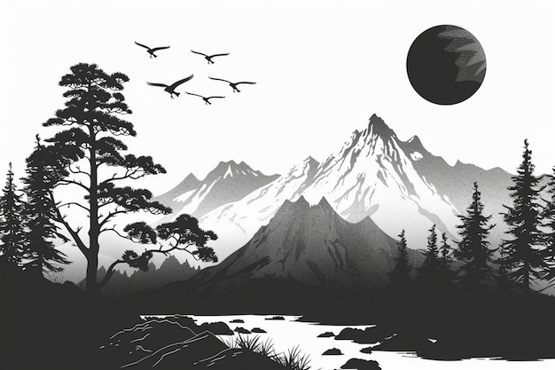 a black and white drawing of a mountain with birds flying in the sky