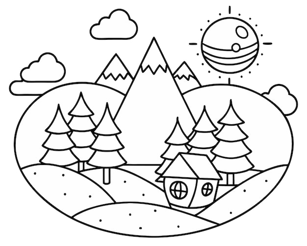 a black and white drawing of a mountain with a house and trees