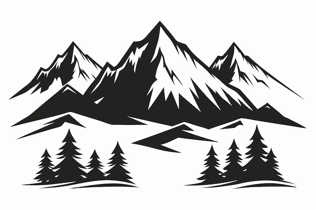 Vector a black and white drawing of a mountain with a snow covered mountain in the background