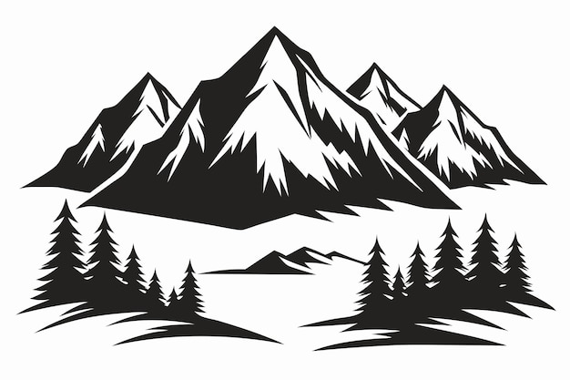 Vector a black and white drawing of a mountain with trees in the background