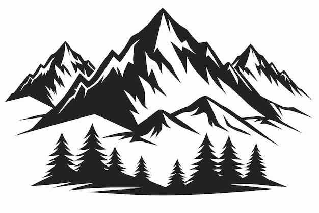 Vector a black and white drawing of a mountain with trees in the background