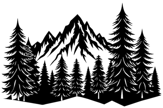 Vector a black and white drawing of a mountain with trees in the background