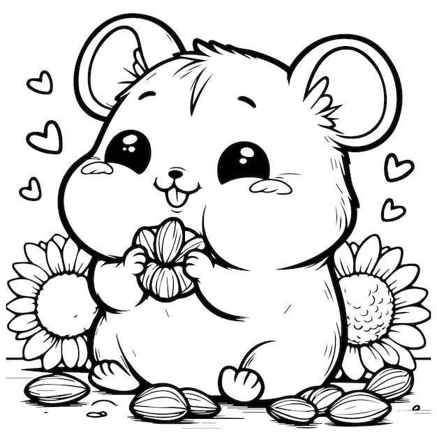 a black and white drawing of a mouse with hearts and a flower