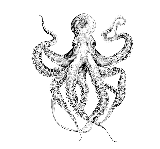 A black and white drawing of an octopus with the letter k on it.