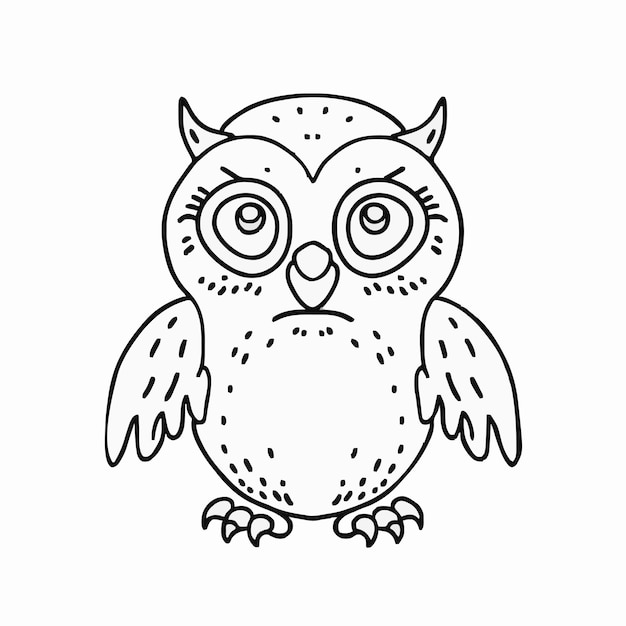 a black and white drawing of an owl with big eyes