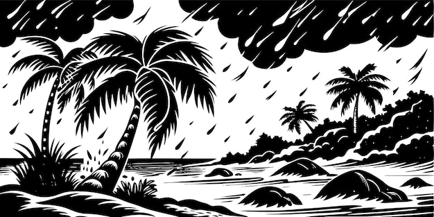 a black and white drawing of a palm tree on a beach