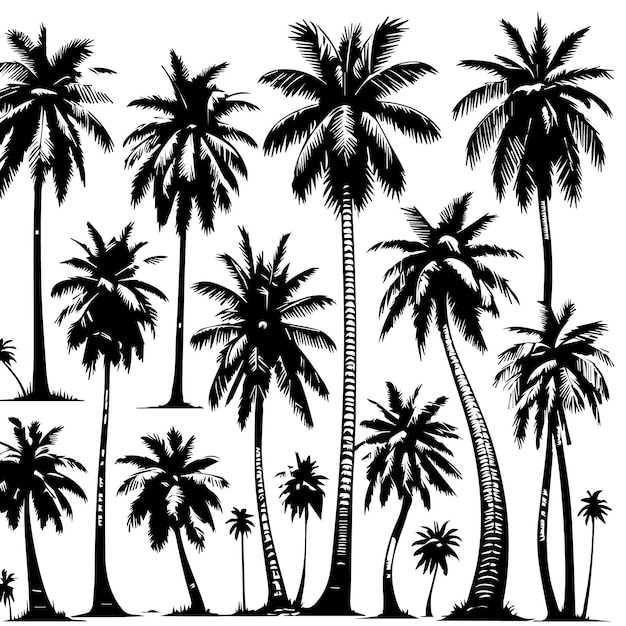 a black and white drawing of palm trees with a white background with a black and white drawing of palm trees