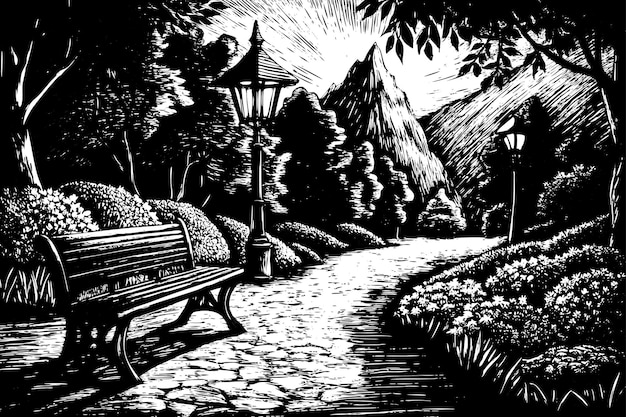 a black and white drawing of a park bench with a lamp post and a lamp