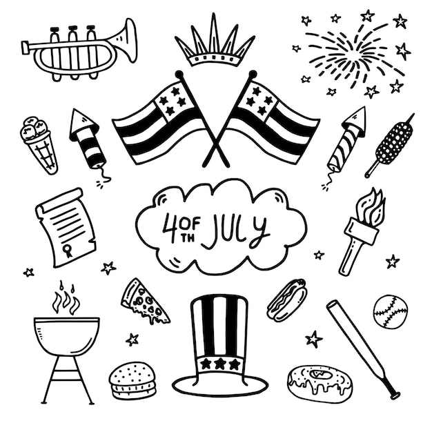 a black and white drawing of a party hat and a flag