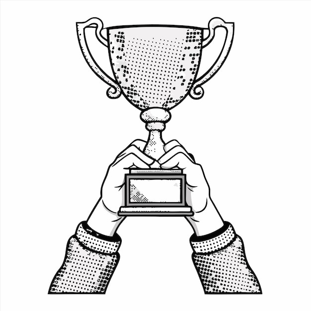 Vector a black and white drawing of a person holding a trophy with a picture of a trophy in the middle