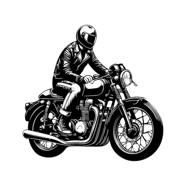 a black and white drawing of a person on a motorcycle