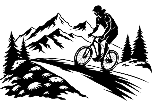 Vector a black and white drawing of a person riding a bike