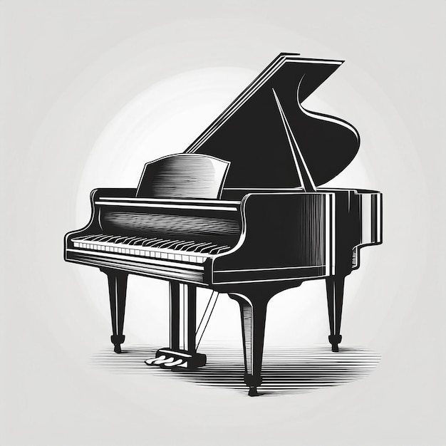 a black and white drawing of a piano with a black piano in the background