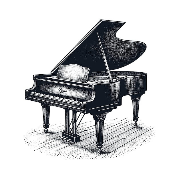 a black and white drawing of a piano with a piano in the middle