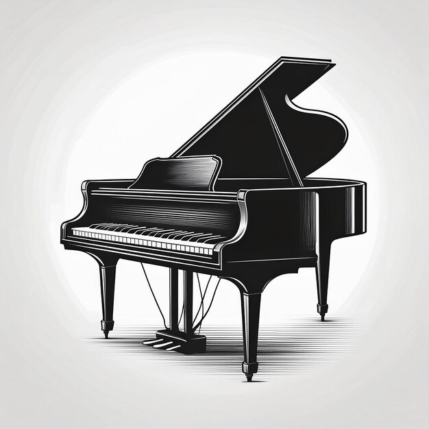 a black and white drawing of a piano with a picture of a piano